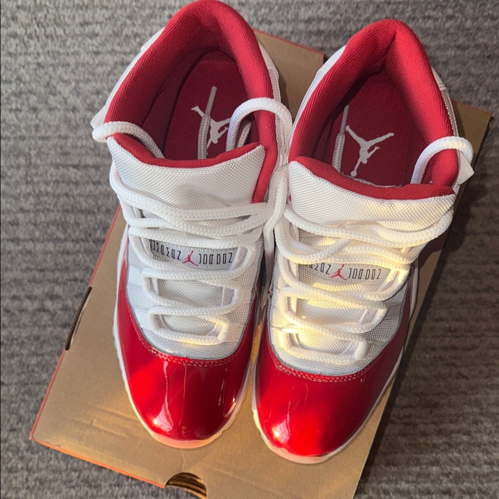Jordan Cherry Red 11s High-Top Red and White Sneakers - Picture 4 of 9